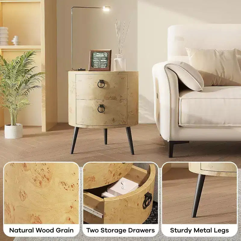 Table d'appoint ronde avec étagère de rangement et 2 tiroirs, table de chevet de style campagnard pour salon, chambre à coucher, plateau en bois