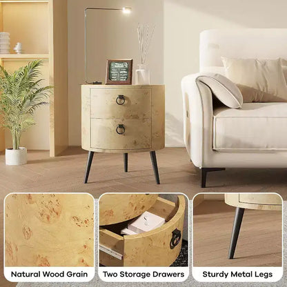 Table d'appoint ronde avec étagère de rangement et 2 tiroirs, table de chevet de style campagnard pour salon, chambre à coucher, plateau en bois