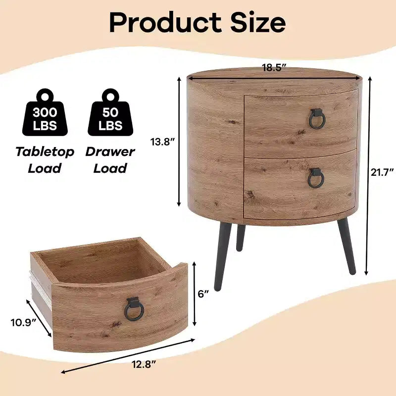 Table d'appoint ronde avec étagère de rangement et 2 tiroirs, table de chevet de style campagnard pour salon, chambre à coucher, plateau en bois