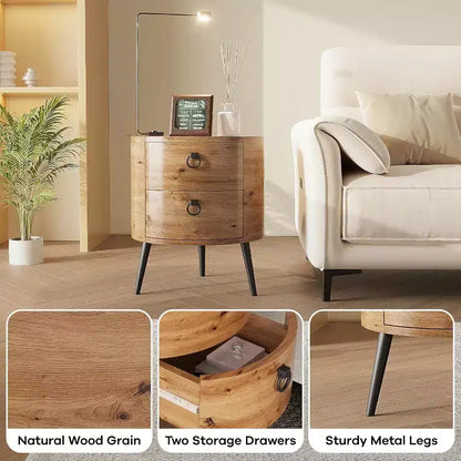 Table d'appoint ronde avec étagère de rangement et 2 tiroirs, table de chevet de style campagnard pour salon, chambre à coucher, plateau en bois