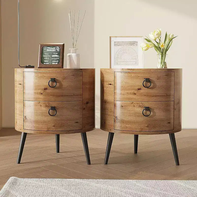 Table d'appoint ronde avec étagère de rangement et 2 tiroirs, table de chevet de style campagnard pour salon, chambre à coucher, plateau en bois