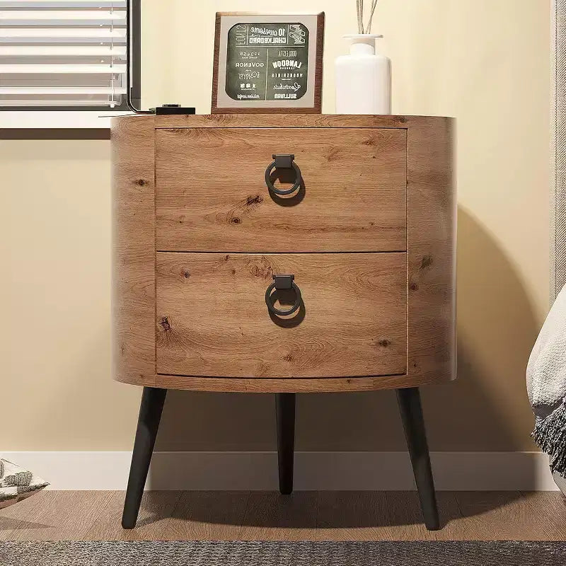 Table d'appoint ronde avec étagère de rangement et 2 tiroirs, table de chevet de style campagnard pour salon, chambre à coucher, plateau en bois