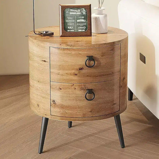 Round End Table with Storage Shelf with2 Drawers, Farmhouse Side Table Nightstand for Living Room, Bedroom, Wood Tabletop