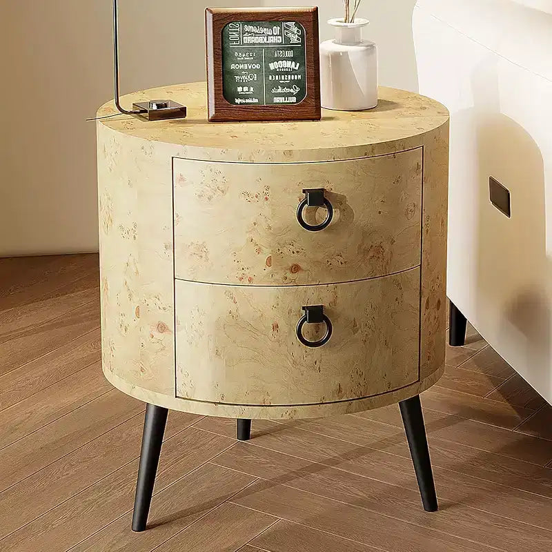 Table d'appoint ronde avec étagère de rangement et 2 tiroirs, table de chevet de style campagnard pour salon, chambre à coucher, plateau en bois