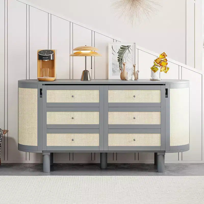 Full/Queen Rattan Murphy Bed Wall Bed with Storage, Wood Cabinet Bed Folding Wall Bed for Guest Room Office