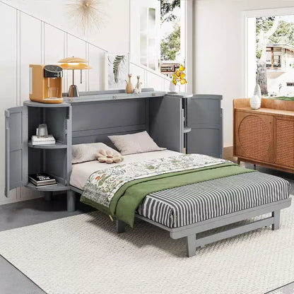 Lit escamotable mural en rotin double/grand lit avec rangement, lit pliant en bois pour chambre d'amis ou bureau