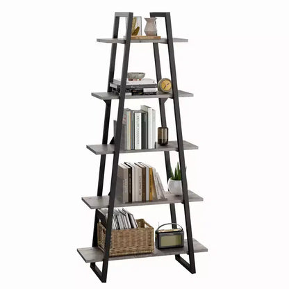 5-Tier Industrial Ladder Bookshelf - Modern Rustic Wood & Metal Storage Organizer for Living Room & Home Office