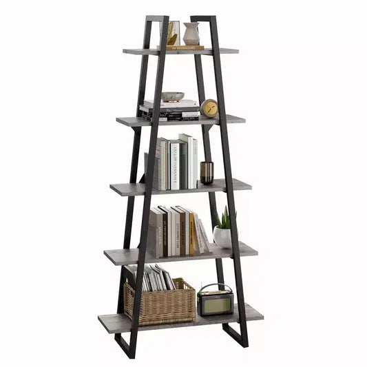 5-Tier Industrial Ladder Bookshelf - Modern Rustic Wood & Metal Storage Organizer for Living Room & Home Office