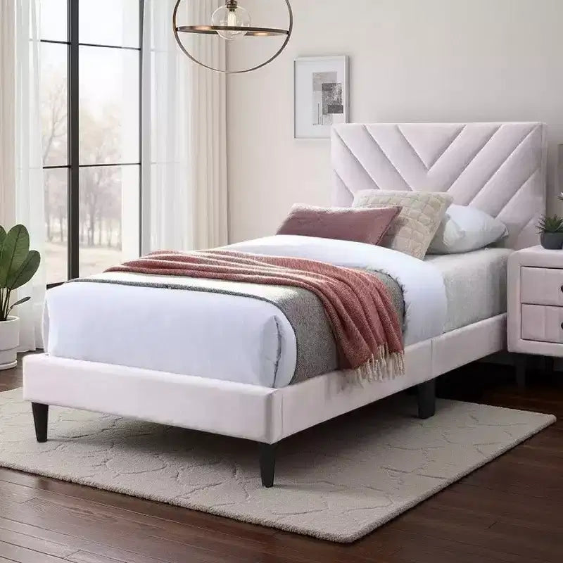 Royal Hampton Full Bed, Tufted Light Pink Velvet Upholstery, Chevron Stitch