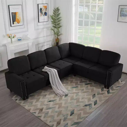 MAYEERTY Canapé sectionnel réversible en L de 107,9 po – Coussins touffetés, garniture cloutée, 2 couleurs