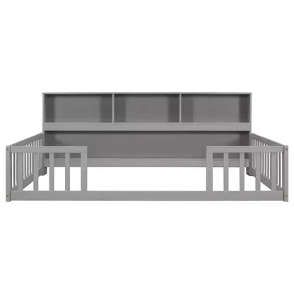 Bellemave Lit au sol complet avec bibliothèque latérale et étagères, Lit plateforme en bois massif avec barrières de sécurité et ouverture facile d'accès, Design peu encombrant, Gris