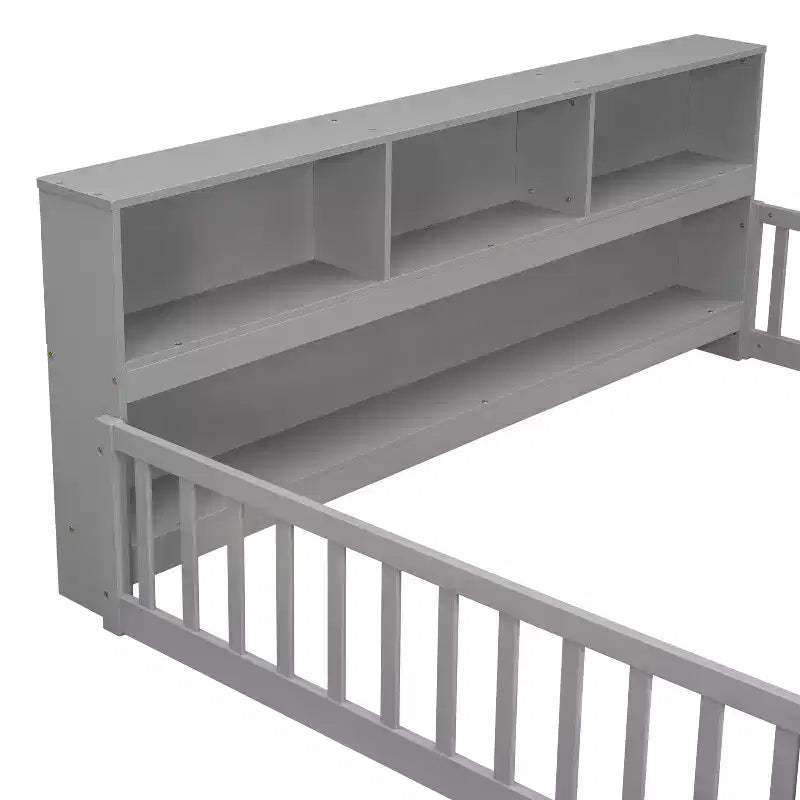 Bellemave Lit au sol complet avec bibliothèque latérale et étagères, Lit plateforme en bois massif avec barrières de sécurité et ouverture facile d'accès, Design peu encombrant, Gris