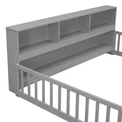 Bellemave Lit au sol complet avec bibliothèque latérale et étagères, Lit plateforme en bois massif avec barrières de sécurité et ouverture facile d'accès, Design peu encombrant, Gris
