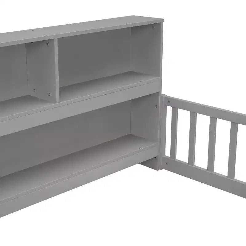 Bellemave Lit au sol complet avec bibliothèque latérale et étagères, Lit plateforme en bois massif avec barrières de sécurité et ouverture facile d'accès, Design peu encombrant, Gris