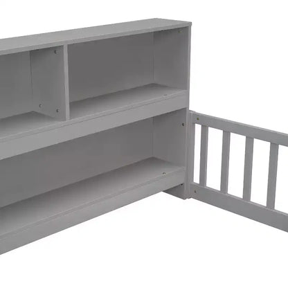 Bellemave Lit au sol complet avec bibliothèque latérale et étagères, Lit plateforme en bois massif avec barrières de sécurité et ouverture facile d'accès, Design peu encombrant, Gris