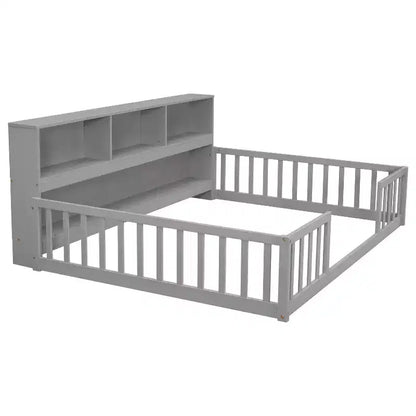 Bellemave Lit au sol complet avec bibliothèque latérale et étagères, Lit plateforme en bois massif avec barrières de sécurité et ouverture facile d'accès, Design peu encombrant, Gris
