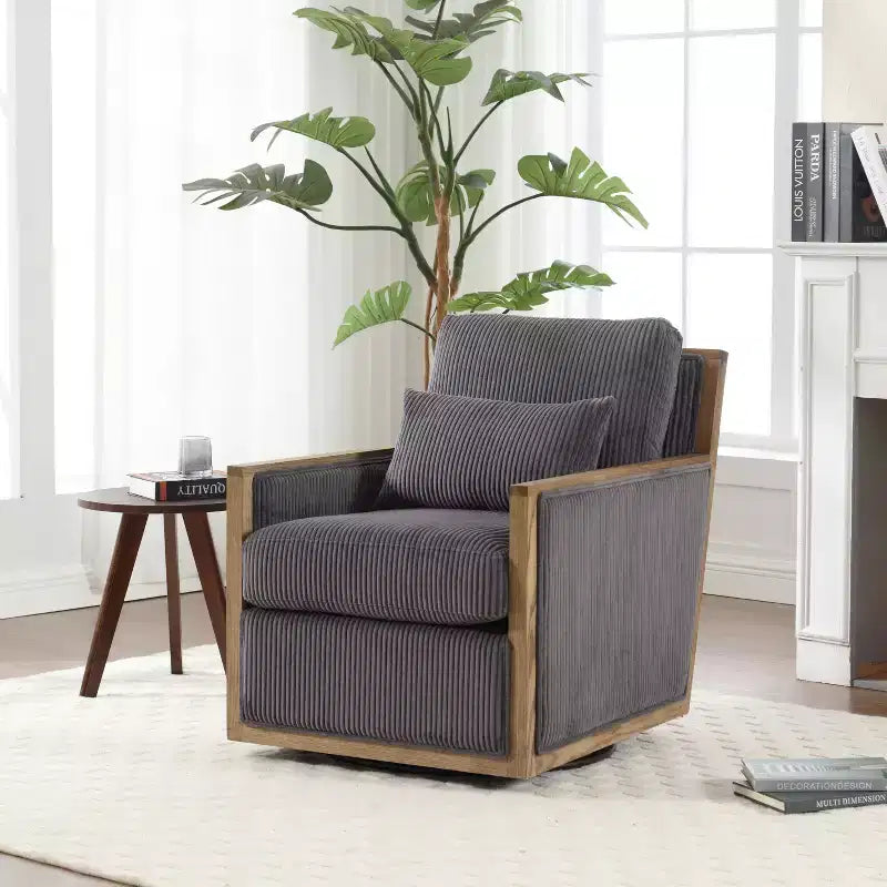 Swivel Accent Chair Round Barrel Armchair Upholstered Living Room Chair Corduroy Reading Chair Single Sofa Chair for Bedroom Apartment Office