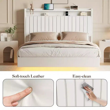 Cadre de lit flottant avec tête de lit de rangement, station de recharge et lumières LED intelligentes, cadre de lit plateforme rembourré, matelas sans ressort requis, silencieux