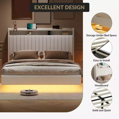 Cadre de lit flottant avec tête de lit de rangement, station de recharge et lumières LED intelligentes, cadre de lit plateforme rembourré, matelas sans ressort requis, silencieux