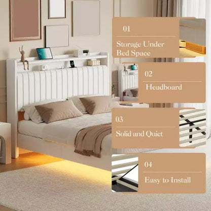 Cadre de lit flottant avec tête de lit de rangement, station de recharge et lumières LED intelligentes, cadre de lit plateforme rembourré, matelas sans ressort requis, silencieux