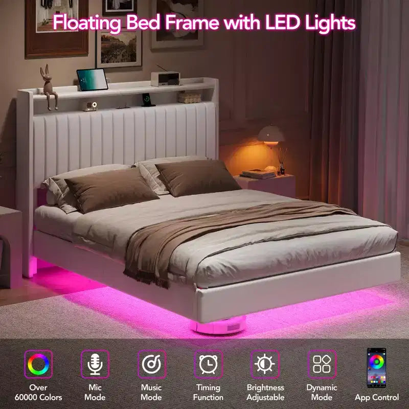 Cadre de lit flottant avec tête de lit de rangement, station de recharge et lumières LED intelligentes, cadre de lit plateforme rembourré, matelas sans ressort requis, silencieux