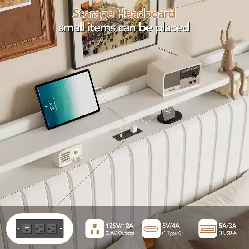 Cadre de lit flottant avec tête de lit de rangement, station de recharge et lumières LED intelligentes, cadre de lit plateforme rembourré, matelas sans ressort requis, silencieux