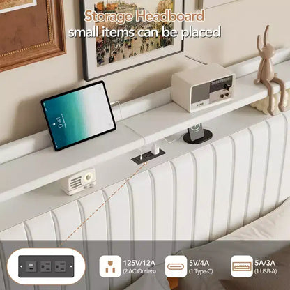 Cadre de lit flottant avec tête de lit de rangement, station de recharge et lumières LED intelligentes, cadre de lit plateforme rembourré, matelas sans ressort requis, silencieux