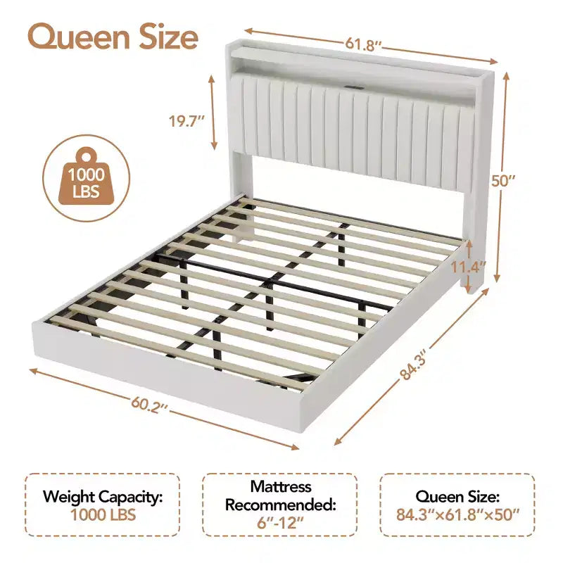Cadre de lit flottant avec tête de lit de rangement, station de recharge et lumières LED intelligentes, cadre de lit plateforme rembourré, matelas sans ressort requis, silencieux