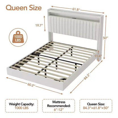 Cadre de lit flottant avec tête de lit de rangement, station de recharge et lumières LED intelligentes, cadre de lit plateforme rembourré, matelas sans ressort requis, silencieux