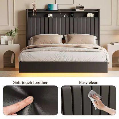 Cadre de lit flottant avec tête de lit de rangement, station de recharge et lumières LED intelligentes, cadre de lit plateforme rembourré, matelas sans ressort requis, silencieux