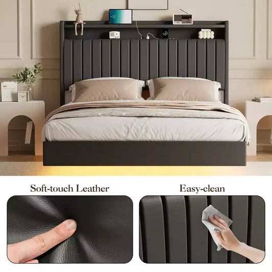 Cadre de lit flottant avec tête de lit de rangement, station de recharge et lumières LED intelligentes, cadre de lit plateforme rembourré, matelas sans ressort requis, silencieux