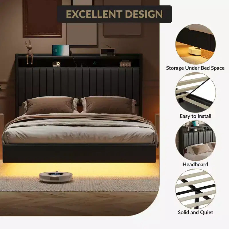 Cadre de lit flottant avec tête de lit de rangement, station de recharge et lumières LED intelligentes, cadre de lit plateforme rembourré, matelas sans ressort requis, silencieux