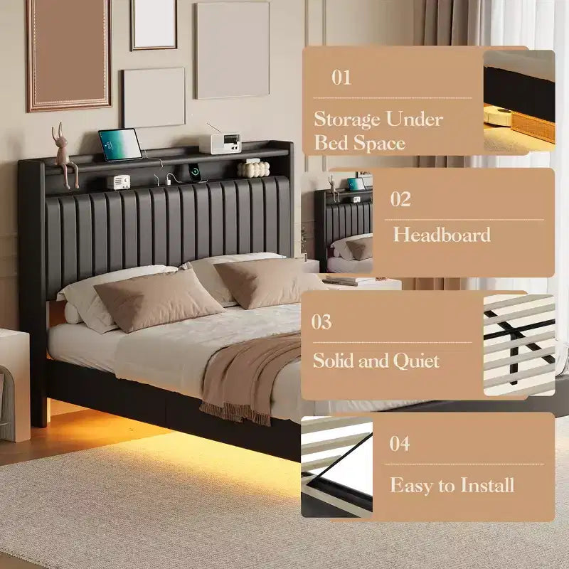 Cadre de lit flottant avec tête de lit de rangement, station de recharge et lumières LED intelligentes, cadre de lit plateforme rembourré, matelas sans ressort requis, silencieux