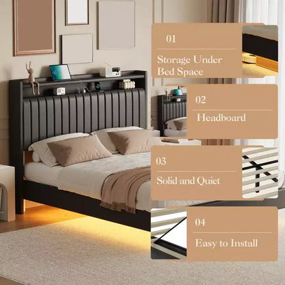 Cadre de lit flottant avec tête de lit de rangement, station de recharge et lumières LED intelligentes, cadre de lit plateforme rembourré, matelas sans ressort requis, silencieux