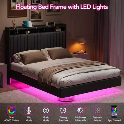 Cadre de lit flottant avec tête de lit de rangement, station de recharge et lumières LED intelligentes, cadre de lit plateforme rembourré, matelas sans ressort requis, silencieux