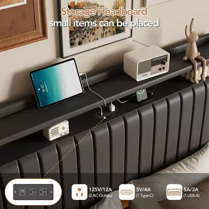 Cadre de lit flottant avec tête de lit de rangement, station de recharge et lumières LED intelligentes, cadre de lit plateforme rembourré, matelas sans ressort requis, silencieux