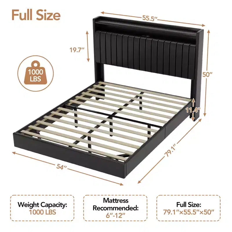 Cadre de lit flottant avec tête de lit de rangement, station de recharge et lumières LED intelligentes, cadre de lit plateforme rembourré, matelas sans ressort requis, silencieux