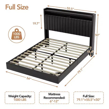 Cadre de lit flottant avec tête de lit de rangement, station de recharge et lumières LED intelligentes, cadre de lit plateforme rembourré, matelas sans ressort requis, silencieux