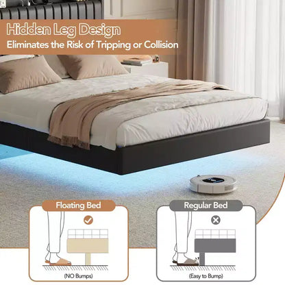 Cadre de lit flottant avec tête de lit de rangement, station de recharge et lumières LED intelligentes, cadre de lit plateforme rembourré, matelas sans ressort requis, silencieux