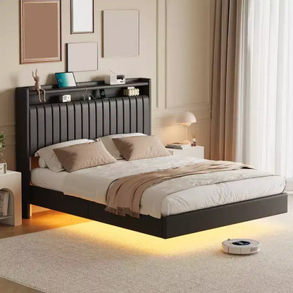 Floating Bed Frame with Storage Headboard, Charging Station and Smart LED Lights, Padded Platform Bed Frame, No Spring Mattress Required, Noiseless