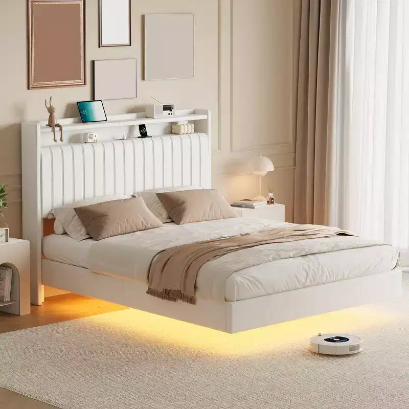 Cadre de lit flottant avec tête de lit de rangement, station de recharge et lumières LED intelligentes, cadre de lit plateforme rembourré, matelas sans ressort requis, silencieux