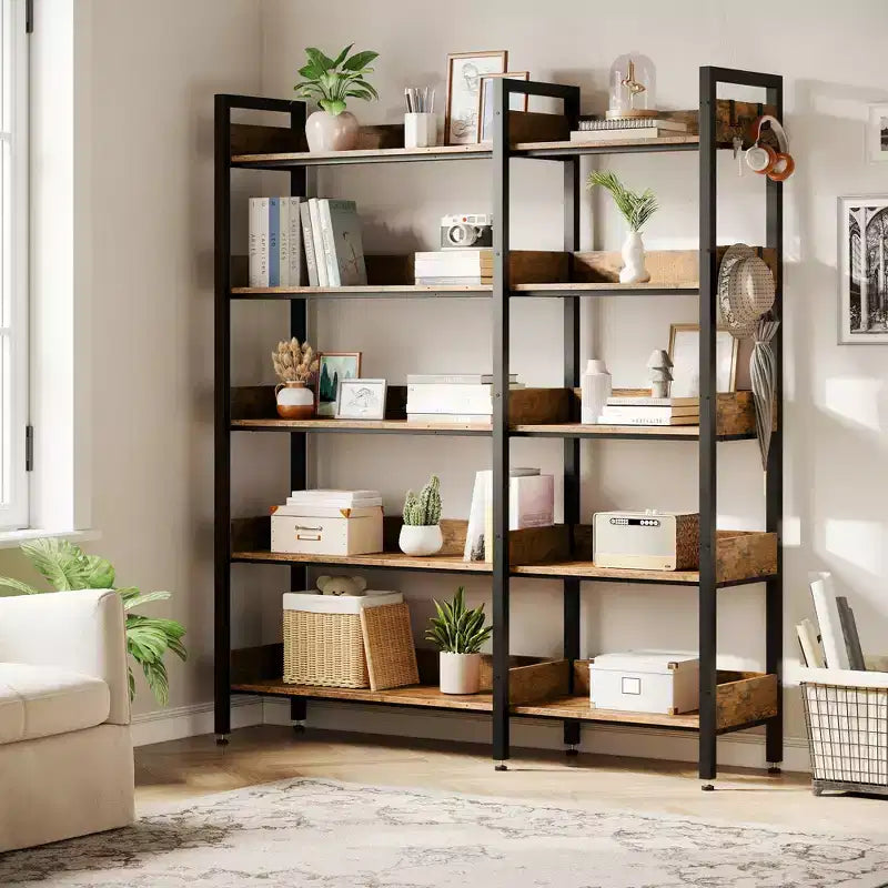 Étagère d'angle à 5 niveaux, bibliothèque convertible en L avec cadre métallique industriel, étagère de rangement multifonctionnelle pour bureau à domicile, chambre à coucher