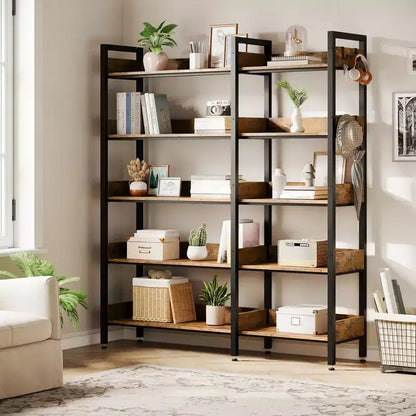 Étagère d'angle à 5 niveaux, bibliothèque convertible en L avec cadre métallique industriel, étagère de rangement multifonctionnelle pour bureau à domicile, chambre à coucher