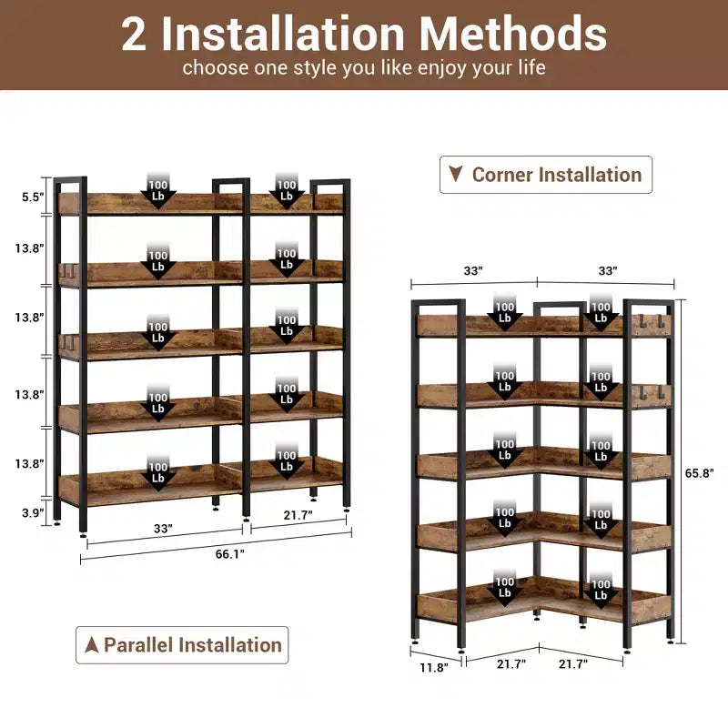 Étagère d'angle à 5 niveaux, bibliothèque convertible en L avec cadre métallique industriel, étagère de rangement multifonctionnelle pour bureau à domicile, chambre à coucher