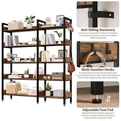 Étagère d'angle à 5 niveaux, bibliothèque convertible en L avec cadre métallique industriel, étagère de rangement multifonctionnelle pour bureau à domicile, chambre à coucher