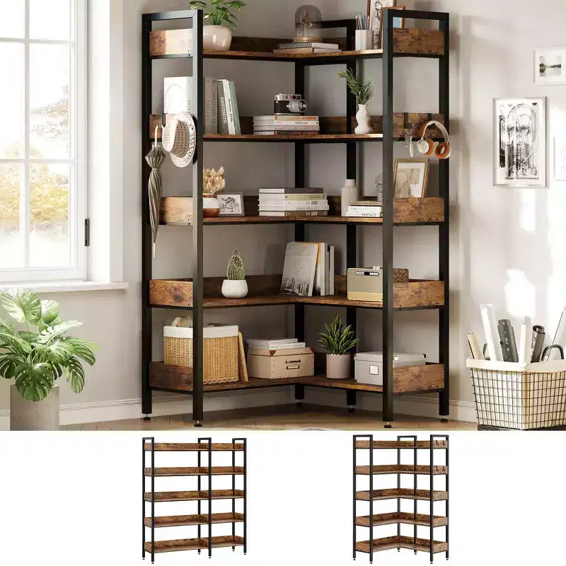 Étagère d'angle à 5 niveaux, bibliothèque convertible en L avec cadre métallique industriel, étagère de rangement multifonctionnelle pour bureau à domicile, chambre à coucher