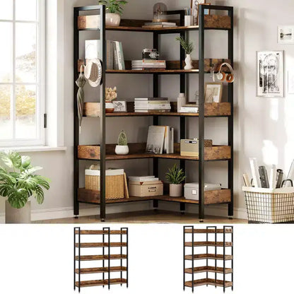 Étagère d'angle à 5 niveaux, bibliothèque convertible en L avec cadre métallique industriel, étagère de rangement multifonctionnelle pour bureau à domicile, chambre à coucher