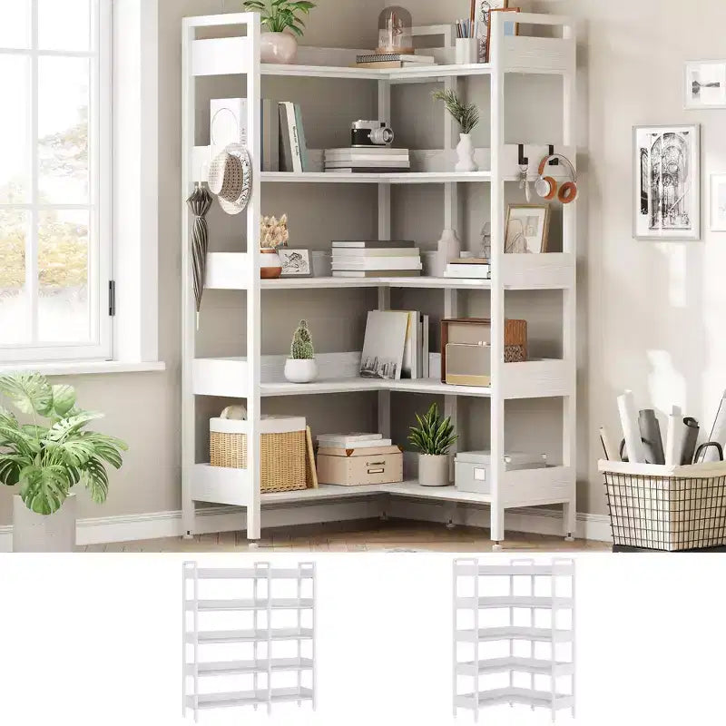 Étagère d'angle à 5 niveaux, bibliothèque convertible en L avec cadre métallique industriel, étagère de rangement multifonctionnelle pour bureau à domicile, chambre à coucher