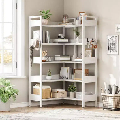 Étagère d'angle à 5 niveaux, bibliothèque convertible en L avec cadre métallique industriel, étagère de rangement multifonctionnelle pour bureau à domicile, chambre à coucher