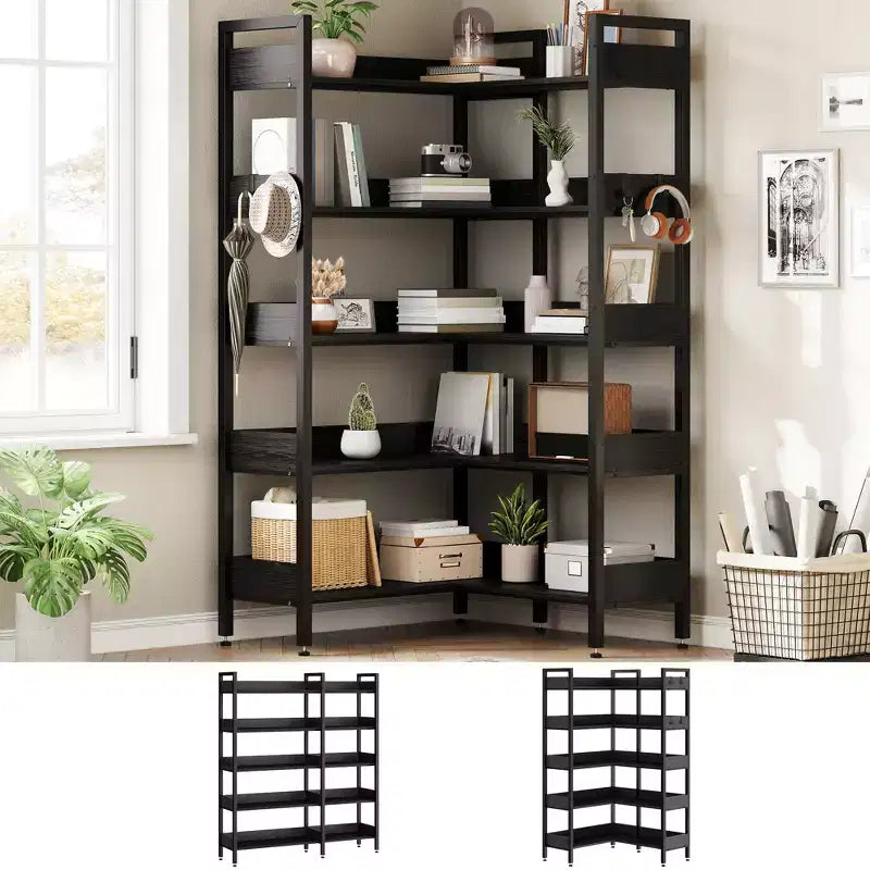 Étagère d'angle à 5 niveaux, bibliothèque convertible en L avec cadre métallique industriel, étagère de rangement multifonctionnelle pour bureau à domicile, chambre à coucher